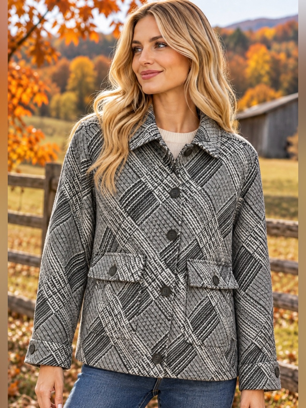 Ruby Rd Womens M Gray Black Plaid Jacket Button Front Cottagecore Fall Coat